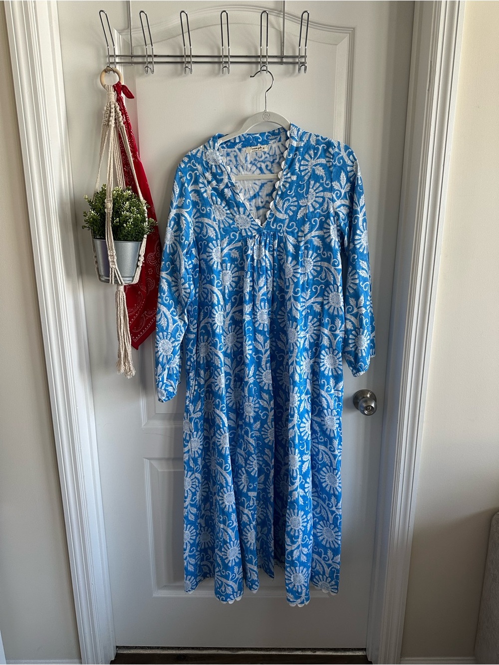 Anandi Joshi Blue and White Floral Dress with Scalloped Edges